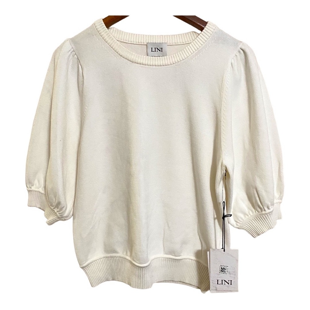 LINI White Puff Sleeve Ribbed Cuff Sweater M